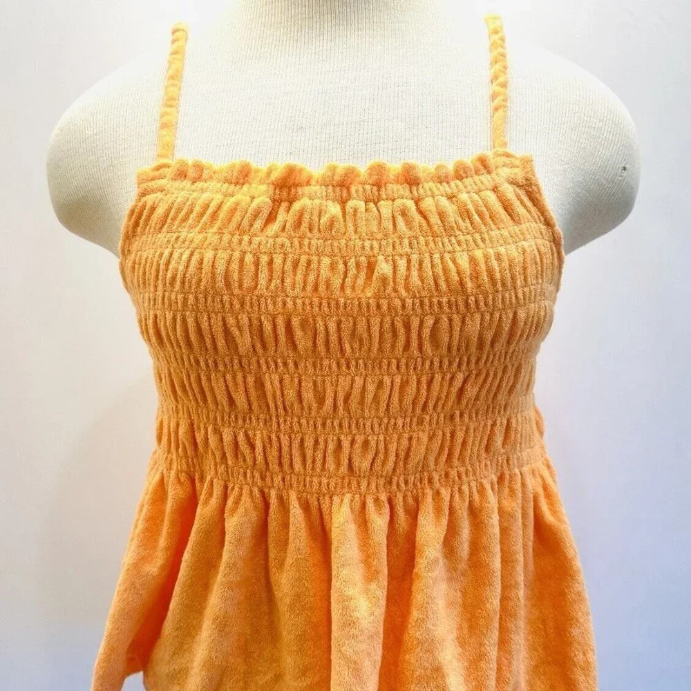 NWT SO Juniors Pullover Terry Cloth Smocked Peplum Orange Shirred Tank Sz Large